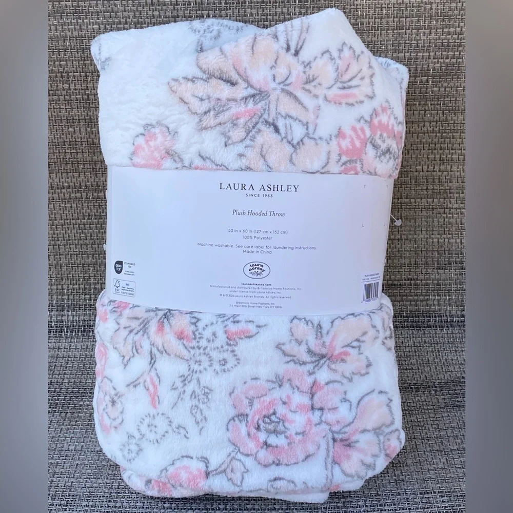 LAURA ASHLEY Pink Flowers Polyester Soft Plush Hooded Throw Blanket 50